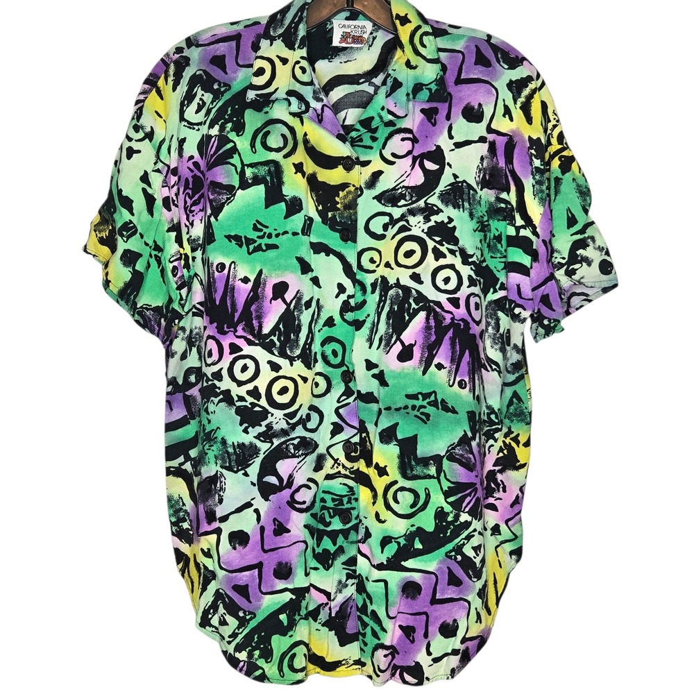 VTG 80s 90s Abstract Art Print Short Sleeve Button Down Shirt Neon XL Graffiti